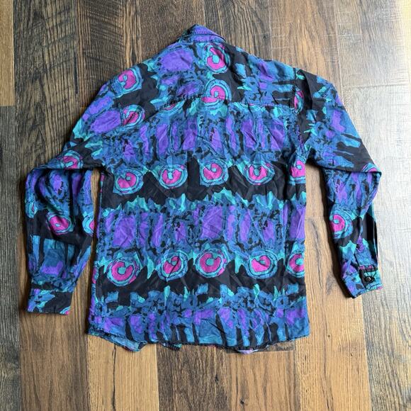 VTG On The Brink 100% Silk Shirt Youth L Abstract Print 80s 90s Colorful Bold - Picture 2 of 6